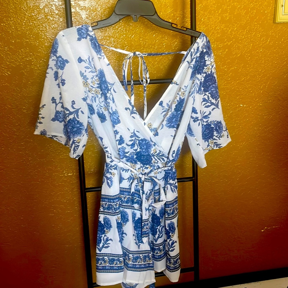 Blue and white floral romper